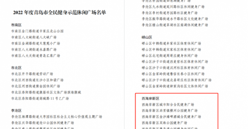 城市陽臺景區(qū)、金沙灘啤酒城、雙珠公園獲評“2022年度青島市全民健身示范休閑廣場”